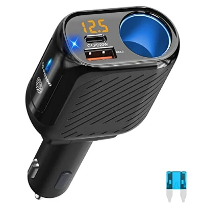 Immagine di USB C Splitter Accendisigari per Auto 150W: Doppio PD3.0 &amp; QC3.0 Sdoppiatore Presa con Voltmetro e Interruttore a Sfioramento Tablet Cellulari GPS
