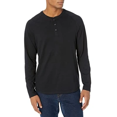 Immagine di Amazon Essentials Camicia a Maniche Lunghe Regular Fit con Scollo Serafino (Disponibile nelle Taglie Big &amp; Tall) Uomo, Nero, S