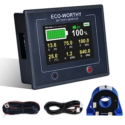Immagine di ECO WORTHY Monitor per Batteria 200 A, 12 V/24 V/36 V/48 V, Display Touchable con Allarme, 10 100 Agli Ioni di Litio/LiFePO4/Gel, Tester Batterie Camper, Impianti Solari