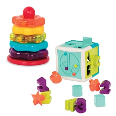 Immagine di Battat Pacchetto doppio anelli impilabili + cubo selezionatore di forme Giocattoli didattici per bambini da 1 anno in su (20 pezzi)