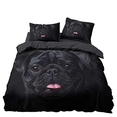 Immagine di Set Biancheria da Letto Animale 3D Prateria Giraffa Cavallo Foresta Leopardo Carlino Nero Gufo Grigio Gatto Arancione Copripiumino con Federa, Microfibra Poliestere (Nero, 220_x_240_cm)