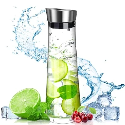 Immagine di POWZOO Caraffa in vetro 1.5 litri,Caraffa Vetro,Bottiglia con coperchio e versatore acciaio inox,Per latte,succhi di frutta,tè,caffè bevande ghiacciate,Vino Rosso.