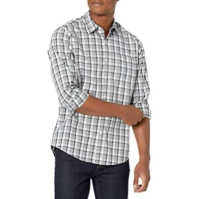 Immagine di Amazon Essentials Camicia Casual in Popeline a Maniche Lunghe vestibilità Regular Uomo, Grigio Motivo Scozzese, L