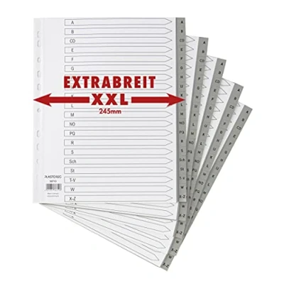 Immagine di Set di 5 divisori XXL da 20 pezzi, in PP DIN A4+ con lettere A Z, completamente coprente, pratico copertina carta, fogli extra larghi per organizzare i raccoglitori ufficio