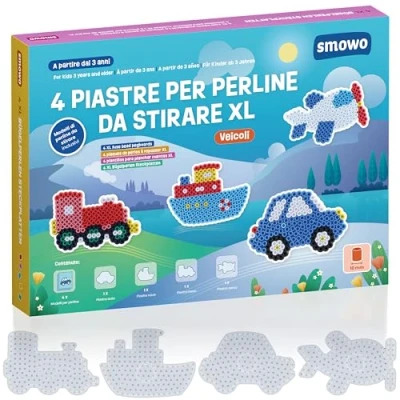 Immagine di Smowo® 10 mm perline da stirare per veicoli Set con 4 piastre e modelli auto, nave, treno, aereo, grandi matite bambini dai 3 anni in su