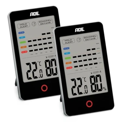 Immagine di ADE Igrometro digitale con allarme muffa Termometro visualizzazione precisa della temperatura Umidità cronologia di 12 ore Ampio display LCD batteria Nero Confezione doppia