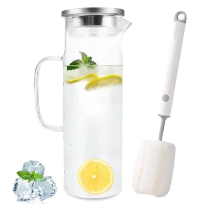 Immagine di Diompirux 1,5 Litre Trasparente e resistente calore borraccia in vetro borosilicato, con Acciaio inossidabile Coperchio, Caraffa Refrigerante spazzola per tazze, acqua calda fredda,latte