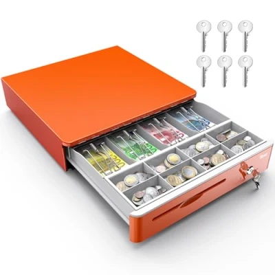 Immagine di Tera Cassetto automatico da 16 pollici con microinterruttore 5 scomparti per banconote e 8 monete sistemi POS, rimovibili chiusura a chiave, arancione