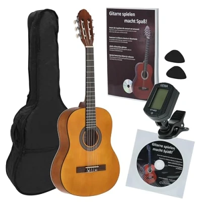 Immagine di JUAN MIGUEL NAVARREZ chitarra classica 3/4 starter set miele (borsa, accordatore, plettri, libro con CD)