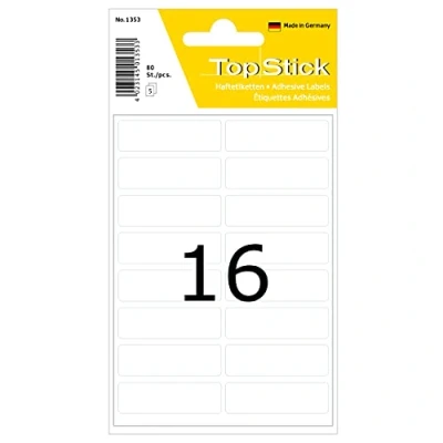 Immagine di TopStick etichette multiuso, 16 per foglio, 50 fogli, 40 x 13 mm, 800 etichette, piccole autoadesive, adesive vuote l&#039;ufficio, la cucina e casa, bianco