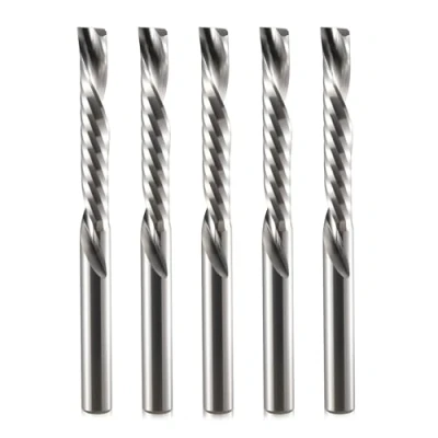 Immagine di Timelee 4 mm Diametro gambo tagliente 25 Lunghezza di taglio 1 flauto singolo Downcut Fresa a spirale CNC Router Bit per acrilico, PVC, MDF e alluminio, confezione da 5