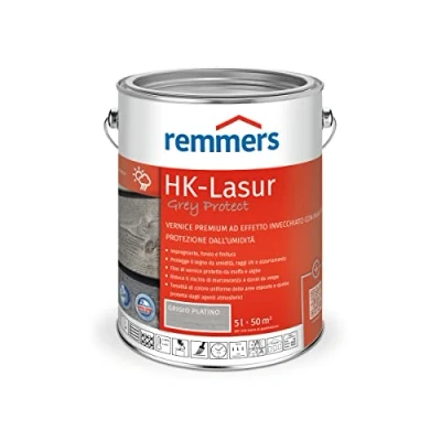 Immagine di Remmers vernice trasparente HK Grey Protect grigio platino, 5 litri, premium per esterni, ingrigimento con tonalità di naturali, tripla protezione del legno da umidità raggi UV in un solo prodotto