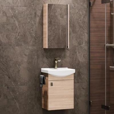 Immagine di Planetmöbel Set di mobili da bagno composto lavabo + mobile a specchio, WC per il degli ospiti, colore rovere Sonoma