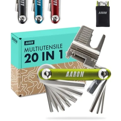 Immagine di AARON Tool Multitool attrezzo multifunzione per bicicletta, in acciaio inossidabile/alluminio, mini pieghevole con molte funzioni
