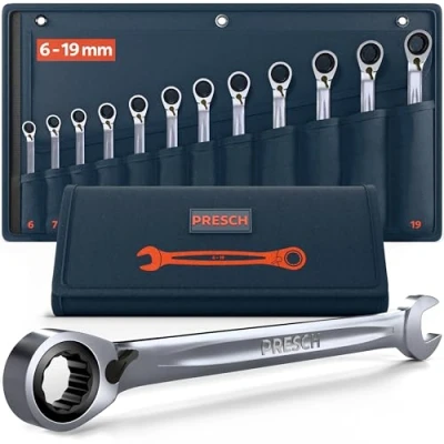 Immagine di PRESCH Set di chiavi a cricchetto reversibili 12 pz (6 19mm) con borsa Angolo ritorno minimo (fino 4, 90 denti) Chiave robuste fresate precisione