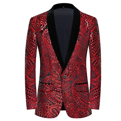 Immagine di PYJTRL Giacca da Uomo con Paillettes Lucide Classica Abito Floreale Moda, Adatta per Feste, Matrimoni, Banchetti, Balli,Red,S