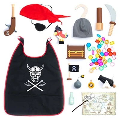 Immagine di UMU® Set da gioco per bambini in legno con costume pirata, mantello gli occhi, pappagallo, scrigno del tesoro e altro ancora, giocattolo di ruolo, 22 attrezzi 4, 5 anni