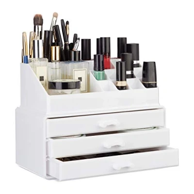 Immagine di Relaxdays Portatrucchi, 2 Organizer Combinabili, Portaoggetti per Cosmetici con Cassetti, Multiuso, Versatile, Bianco