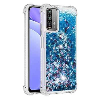 Immagine di KBIKO zxl Compatibili con Cover per Xiaomi Redmi 9T, Custodia in Liquido Quicksand Brillantini, Trasparente Silicone Morbido Sottile TPU Antiurto Case Poco M3.Blue YBL