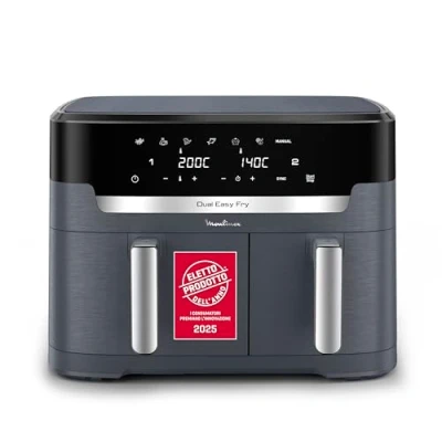 Immagine di Moulinex XXL Dual Easy Fry, Friggitrice ad Aria 11 Litri con Doppio Cestello Antiaderente per Famiglie Lavabili in Lavastoviglie, Ridotto Consumo Energetico, 7 Modalità e App Ricette, EZ942B
