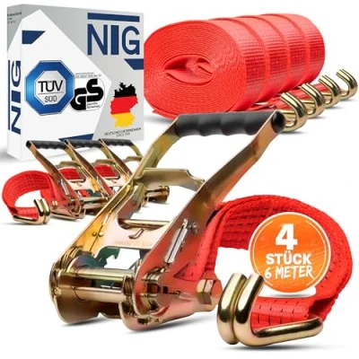 Immagine di NTG 4 cinghie di tensione in 6 metri per 5t (2500/5000 daN, KG) Certificazione TÜV/GS con cricchetto e gancio, due pezzi 50 mm a ancoraggio