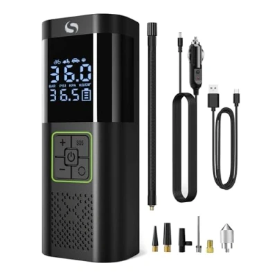 Immagine di SERVOMASTER Compressore Aria Portatile, Mini a Batteria con Manometro, 150PSI 12V DC Gonfiatore Elettrico Luce LED Adatto per Auto Moto Bici Palla, Accessori Gli Uomini Donne