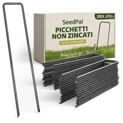 Immagine di SeedPal 250 Picchetti in Acciaio Robusto Non Galvanizzato Per Telo di Pacciamatura, Recinzione e Rete 150mm Lunghezza, 25mm Larghezza, Ø 3mm