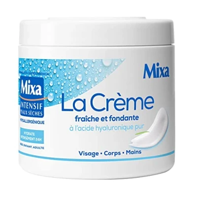 Immagine di Mixa Intensive Pelle secca Crema fresca e fondente con acido ialuronico puro, multiuso, viso, corpo, mani, piedi, idratazione, 24 ore, penetrazione rapida, ipoallergenica, confezione da 2, 400 ml