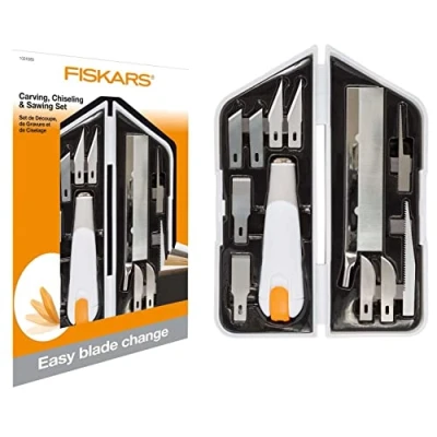 Immagine di FISKARS Coltello ad alte prestazioni, Set da 8 pezzi, Lunghezza totale: 21 cm, Incl. 7 lame, Acciaio di qualità/Plastica, Bianco/Arancione, Premium, 1024385