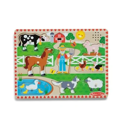 Immagine di Melissa &amp; Doug Tavola Puzzle Sonora in Legno, Imparare a Conoscere gli Animali della Fattoria, 8 Pezzi, 2+, Lingua: Inglese