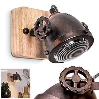 Immagine di lampada da parete Herford, regolabile in metallo/legno/vetro marrone/rame/natura, 1 attacco GU10, spot design retro/vintage, senza lampadina/e