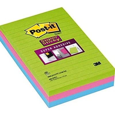 Immagine di Post it 76034 Confezione Colori Assortiti Verde neon, Fucsia, Violetto di foglietti Super Sticky Colorati, Formato 102 x 152 mm, da 3 Blocchetti