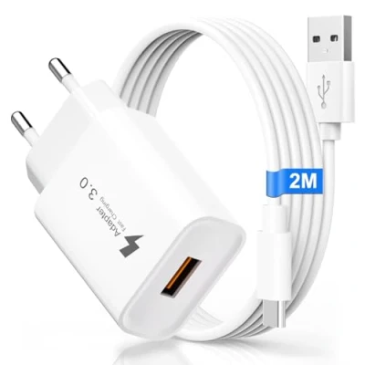 Immagine di Caricatore USB Quick Charge 3.0 18W per Samsung Galaxy A15 A14 A13 A33 5G M13, S22 S23 S24 Ultra Xiaomi Redmi Note 9/8 Mi 9, Caricabatterie con Cavo C da 2M