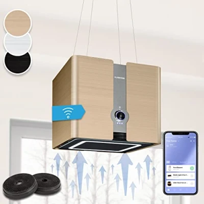 Immagine di Klarstein Futurelight Smart Cappa Aspirante, Funzione di Ricircolo con una Potenza Aspirante 420m3/h, a Isola Illuminazione LED, Acciaio Inox, Oro