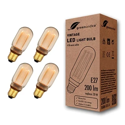 Immagine di greenandco 4x lampadina a LED di design vintage in stile retrò E27 T45 4W 200lm 1800K 320 230V, ambra, nessun sfarfallio, non dimmerabile