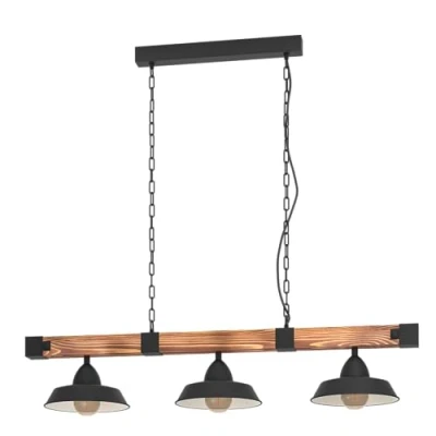 Immagine di EGLO lampada a sospensione Oldbury, vintage tre punti luce nel design industrial, in acciaio, nero, marrone rustico, E27, 118 cm, certificazione FSC