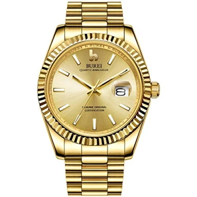 Immagine di BUREI quarzo uomo orologi di analogico data orologio da polso in vetro zaffiro con lente a due toni acciaio inox banda (Oro)