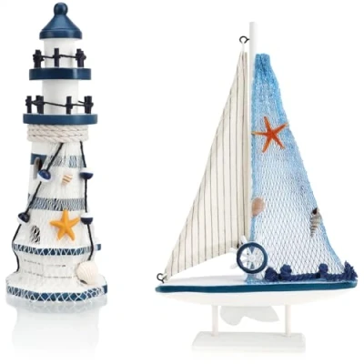 Immagine di com four® Set di Decorazioni marittime da 2 Pezzi Veliero Decorativo in Legno e Faro per un&#039;atmosfera Marittima nella Tua casa (02 + Blu)