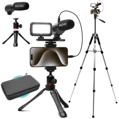 Immagine di Movo uVlogger Kit Vlogging Compatibile Android/USB C/iPhone 15 con Treppiede Grande Iniziale YouTube per Creatori di Contenuti Accessori: Treppiedi, Supporto Telefono, Luce, Microfono Shotgun