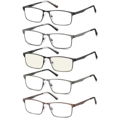 Immagine di Amcedar 5 pack Occhiali da Lettura Uomo Cornice Rettangolare Stile Acciaio Inossidabile Materiale Metallo Primavera Cerniere Compresi Computer +1.50