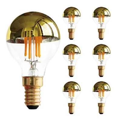 Immagine di lampadina a filamento LED vintage G45 4W, metà specchio superiore in oro, bianco caldo 2700K, base candelabro E14, equivalente 40 Watt, dimmerabile, confezione da 6