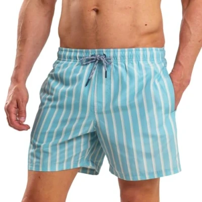 Immagine di Ript Performance Uomo Essentials Pantaloncini da Bagno a Rapida Asciugatura con Protezione Solare UV 50, Stampa Righe Blu Chiaro, L