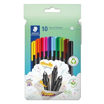 Immagine di Staedtler fineliner triplus, forma triangolare ergonomica, punta super fine da 0,3 mm, lunga durata, DRY SAFE, fusto in PP, mix e match, 10 scatola di cartone, 334 C10
