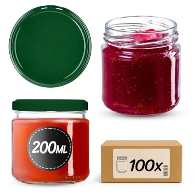 Immagine di KADAX Barattoli Ermetici di Vetro da 200 ml, Vassetti Piccoli con Coperchio a Vite per Conserve Frutta, Marmellate e Miele (Set 100, Verde)