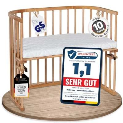 Immagine di babybay Maxi lettino extra grande in legno di faggio massiccio, altezza regolabile ed ecologico/con materasso Classic Soft (faggio oliato)