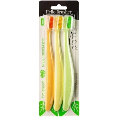 Immagine di promis® brush spazzolino sostenibile realizzato in materiale rinnovabile bioplastica 6750 setole morbide made Germany design italiano (color, triopack)