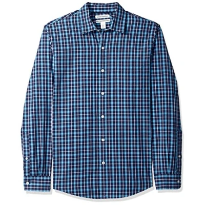 Immagine di Amazon Essentials Camicia in Popeline a Maniche Lunghe Slim Uomo, Blu Marino Motivo Scozzese, L