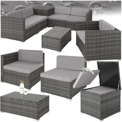 Immagine di TecTake® Salottino in Rattan XXL, Componibile, Contenitore Custodia, Poltrona Giardino, Set Balcone, Tavolo Sedie Esterno, Design Accurato, Versatile, Confort Massimo, Facile Pulizia Grigio