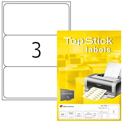 Immagine di TopStick etichette multiuso autoadesive, 3 per foglio A4, 100 fogli, 200 x 95 mm, 300 etichette, universali vuote, stampanti laser e inkjet, bianco