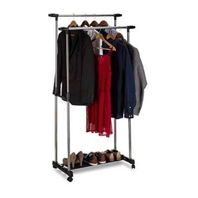 Immagine di Relaxdays, Argento/Nero Stand Appendiabiti su Ruote con 2 Aste Attaccapanni, Regolabile, Guardaroba HLP 162x150x48 cm, Acciaio Inox, PP, Vello, 1 Pz